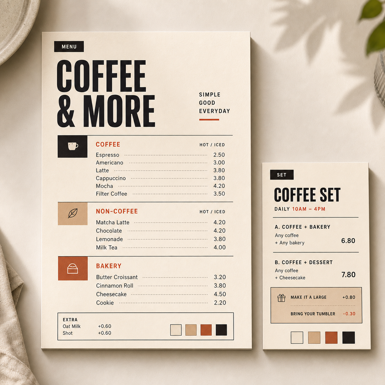 Cafe menu price card mockup with aligned prices and warm paper texture.